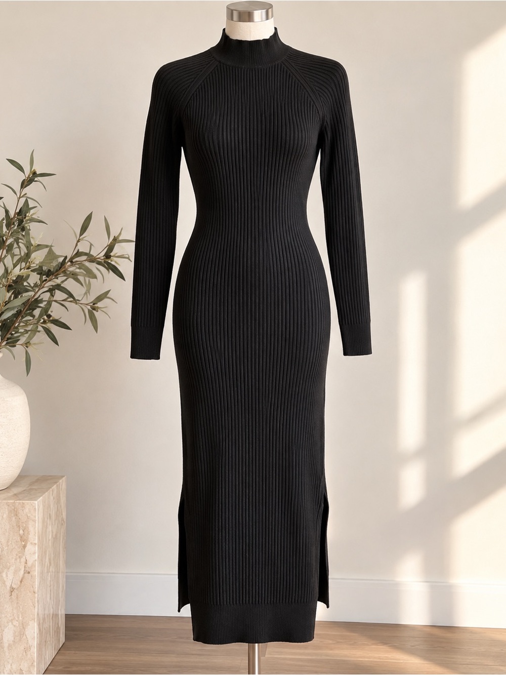 The Drop Ashlyn Black Ribbed Sweater Maxi Dress XS